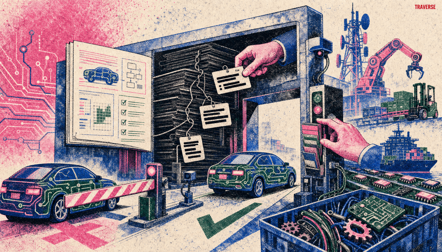 Risograph editorial illustration showing two connected vehicles at a regulatory checkpoint, one conditionally admitted and one stopped, with sealed authorization terms behind the gate and communications, robotics, shipping, and component supply chains in the background.