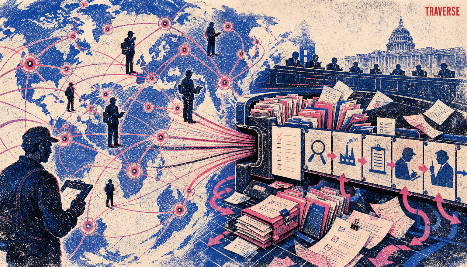 Risograph editorial illustration showing BIS's proposed FY2027 overseas enforcement expansion converging on a constrained end-use check workflow of targeting, case files, supervisory review, and follow-up under congressional budget oversight.