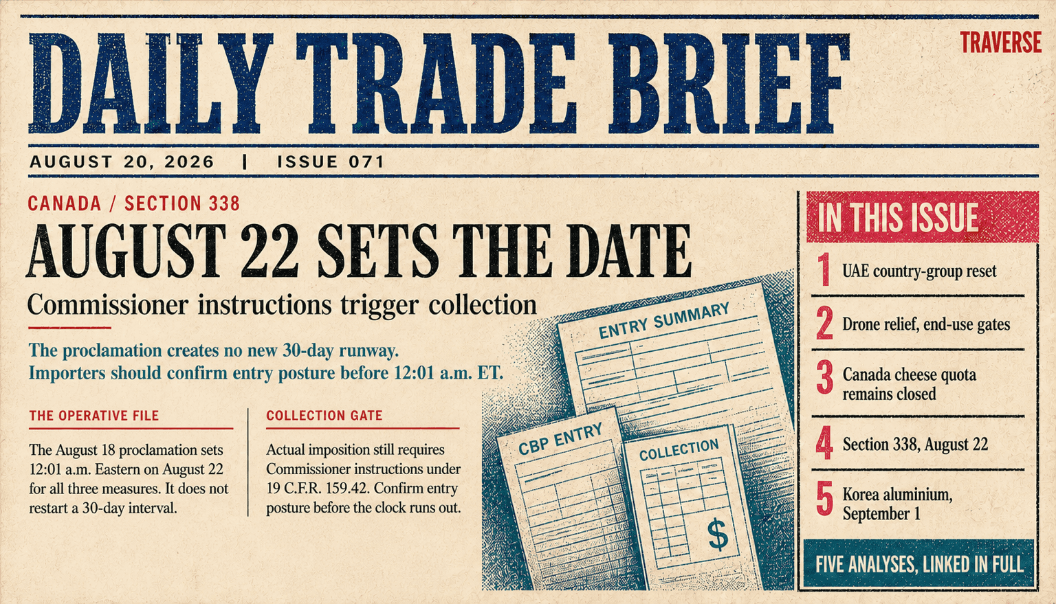 Risograph Daily Trade Brief cover showing August 22 at 12:01 a.m. Eastern as the scheduled Canada Section 338 date, with proclamation date-setting separated from Commissioner instructions that trigger collection, beside an index of UAE, drone, cheese quota, Canada tariff, and Korea aluminium analyses.