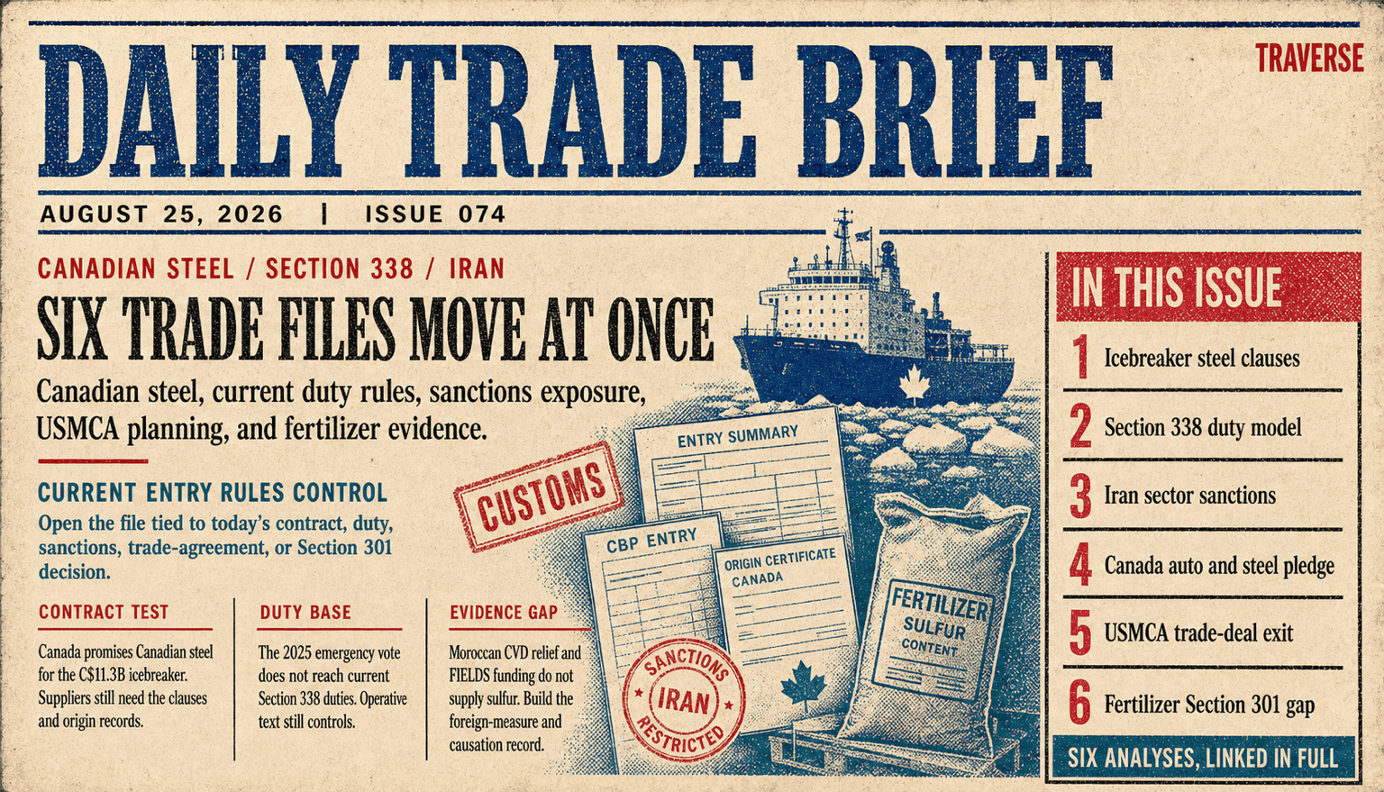 Risograph Daily Trade Brief cover for Issue 074 showing an icebreaker, customs forms, an Iran sanctions stamp, and a fertilizer sulfur record beside six files on Canadian steel, Section 338 duties, Iran sector sanctions, Canada's auto and steel pledge, USMCA Article 32.10, and a Section 301 evidence gap.