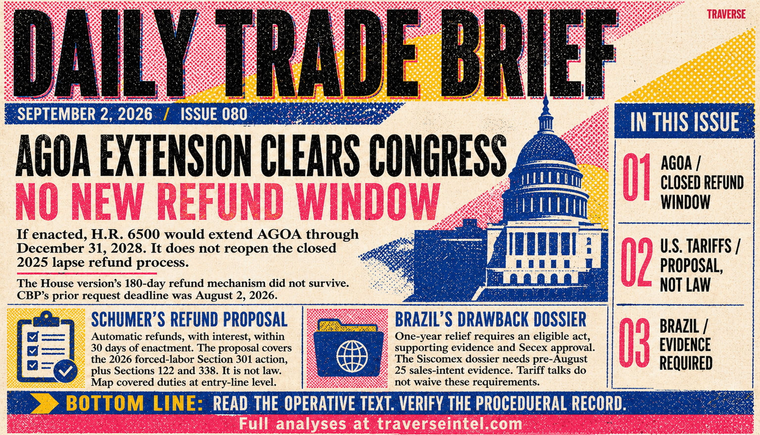 Risograph Daily Trade Brief cover for Issue 080: the Congress-approved AGOA extension would run through December 31, 2028 if enacted, without reopening the lapse refund window; Schumer's targeted tariff-refund proposal is not law; Brazil's drawback extension requires supporting evidence and Secex approval.