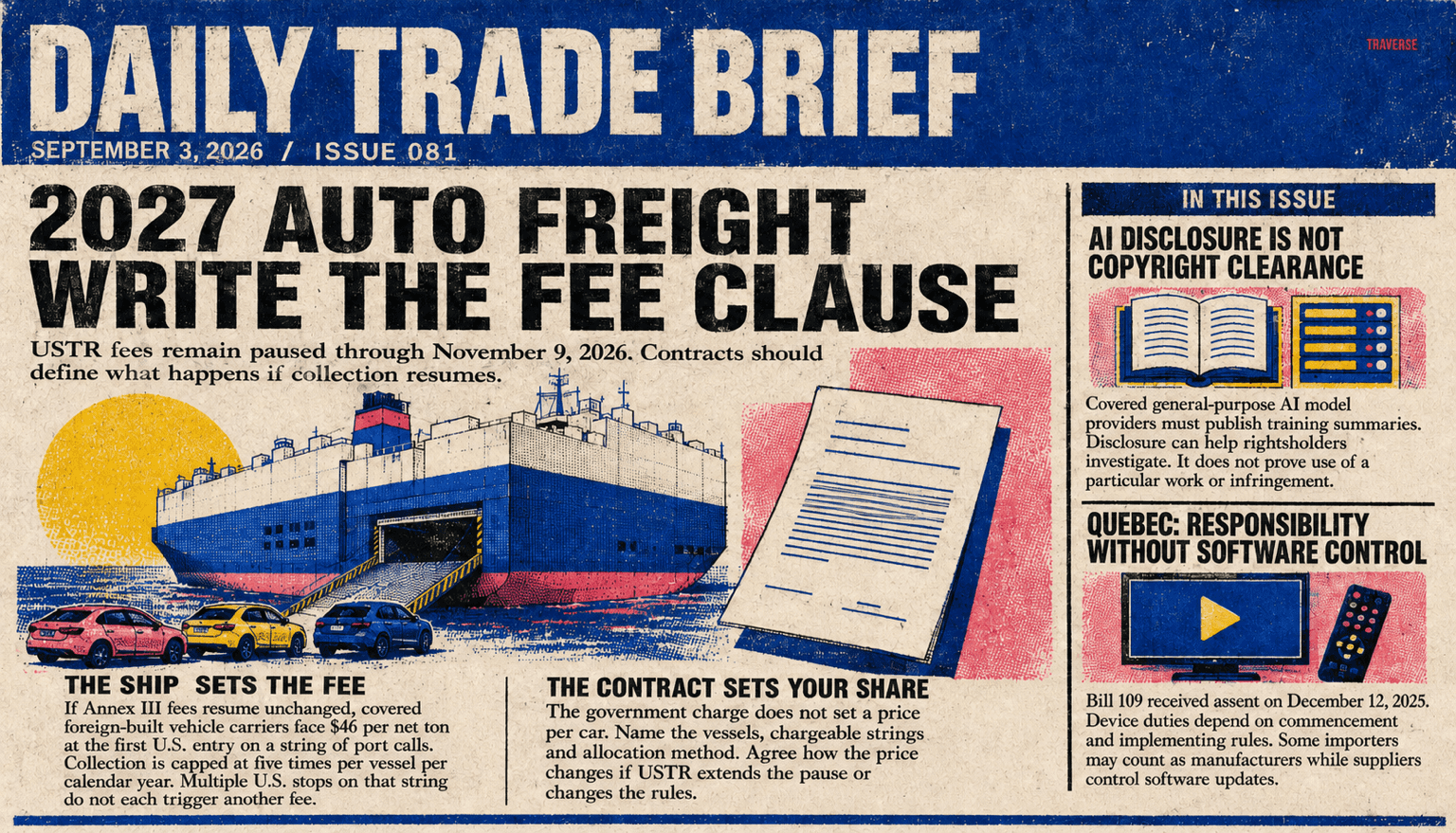 Risograph cover for Issue 081: a vehicle carrier and freight contract illustrate USTR fees paused through November 9, 2026 and contract terms for any resumption; side panels explain the limits of AI training disclosures and Quebec smart-TV software obligations awaiting commencement and rules.