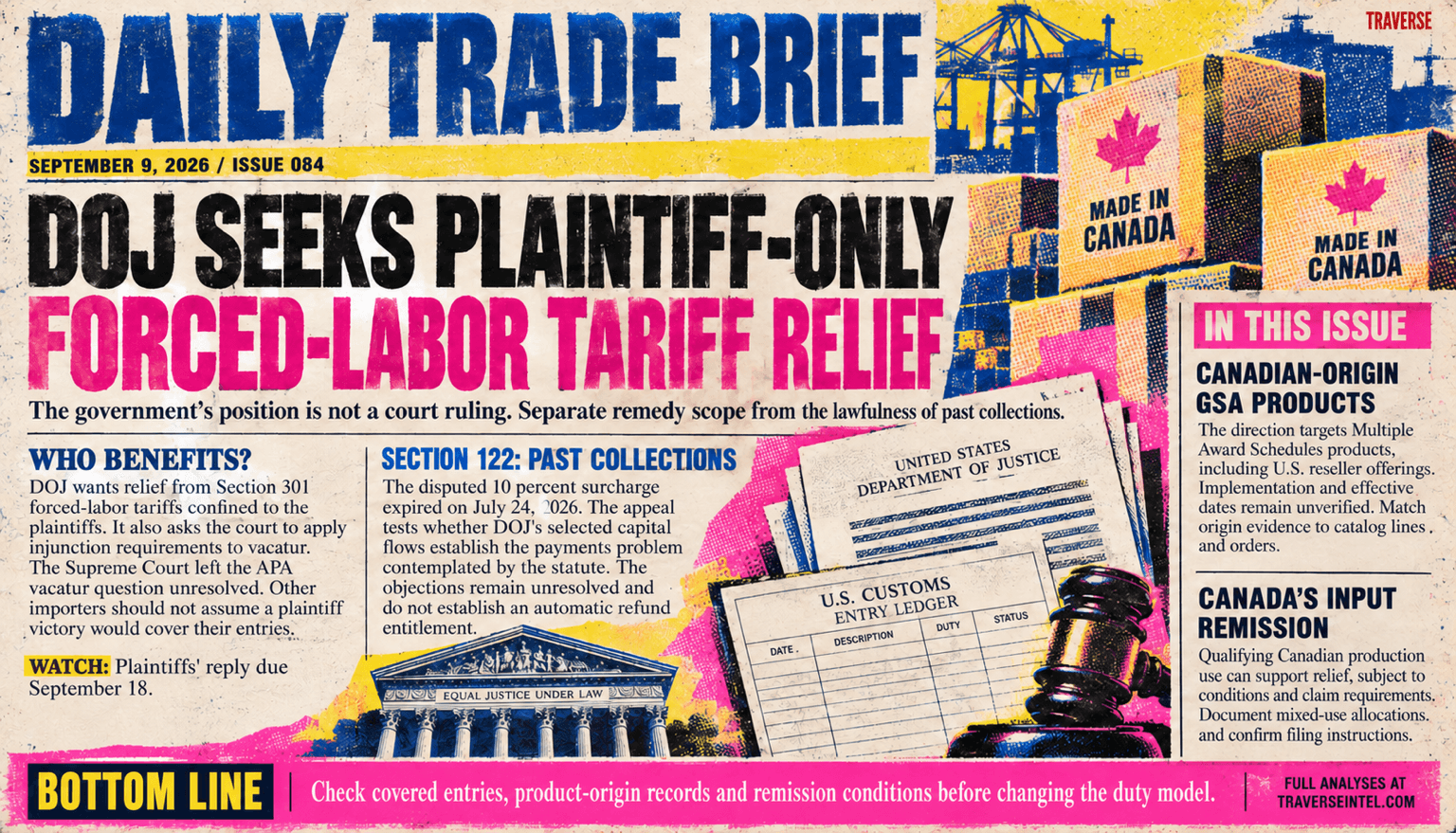 Risograph Daily Trade Brief cover for Issue 084 showing DOJ's request for plaintiff-only Section 301 forced-labor tariff relief, the expired Section 122 surcharge and unresolved appeal over past collections, Canadian-origin GSA Schedule products awaiting implementation, and Canadian production-input remission subject to conditions and claim requirements.