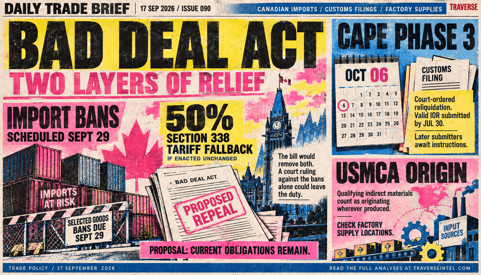 Issue 090 risograph cover: the proposed BAD DEAL Act would remove both selected Canadian-goods import bans scheduled for September 29 and Section 338 tariff measures, while a ruling against the bans alone could leave the 50 percent duty; CAPE Phase 3 opens October 6 for eligible plaintiffs with valid IOR submissions by July 30, and USMCA origin treatment for qualifying indirect materials does not establish factory supply locations.