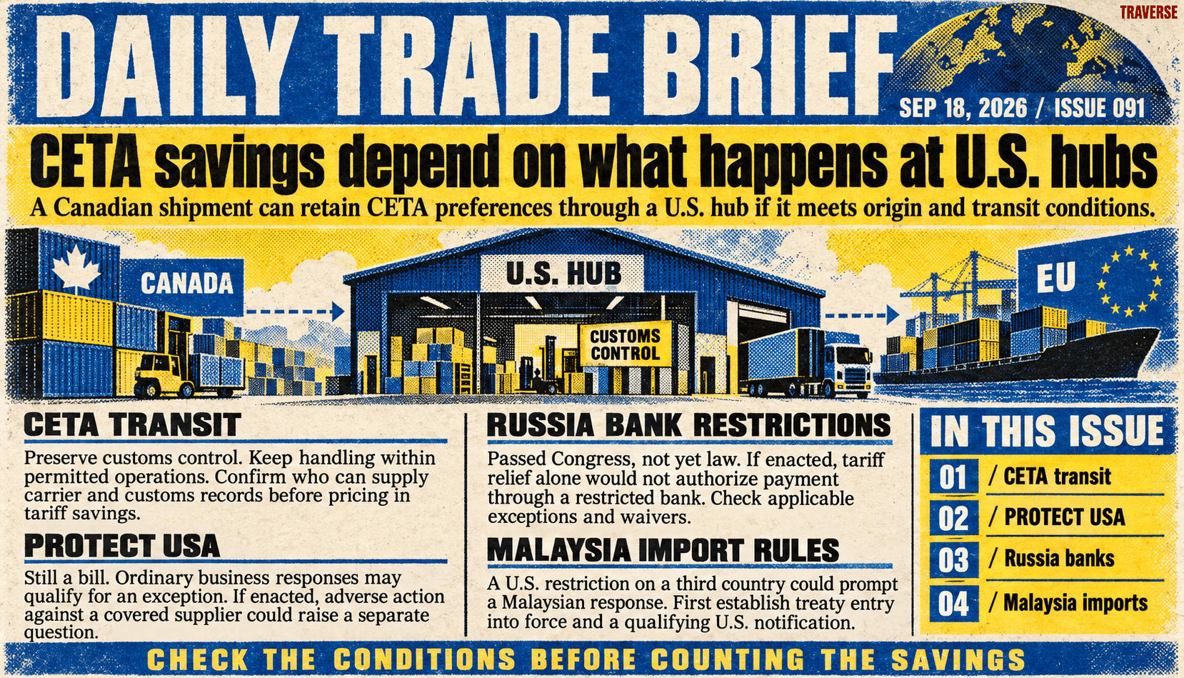 Issue 091 risograph cover: CETA savings require origin and transit conditions, including customs control at U.S. hubs; the proposed PROTECT USA Act and Congress-passed Russia sanctions bill are not yet law; a Malaysian response to third-country import restrictions depends on treaty entry into force and a qualifying U.S. notification.