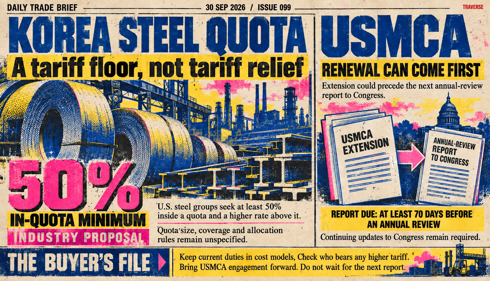 Issue 099 risograph cover: U.S. steel groups propose a Korea quota with at least a 50% in-quota tariff and a higher rate above it, with quota size, coverage and allocation rules unspecified. USMCA extension could precede the next annual-review report to Congress; continuing congressional updates remain required.