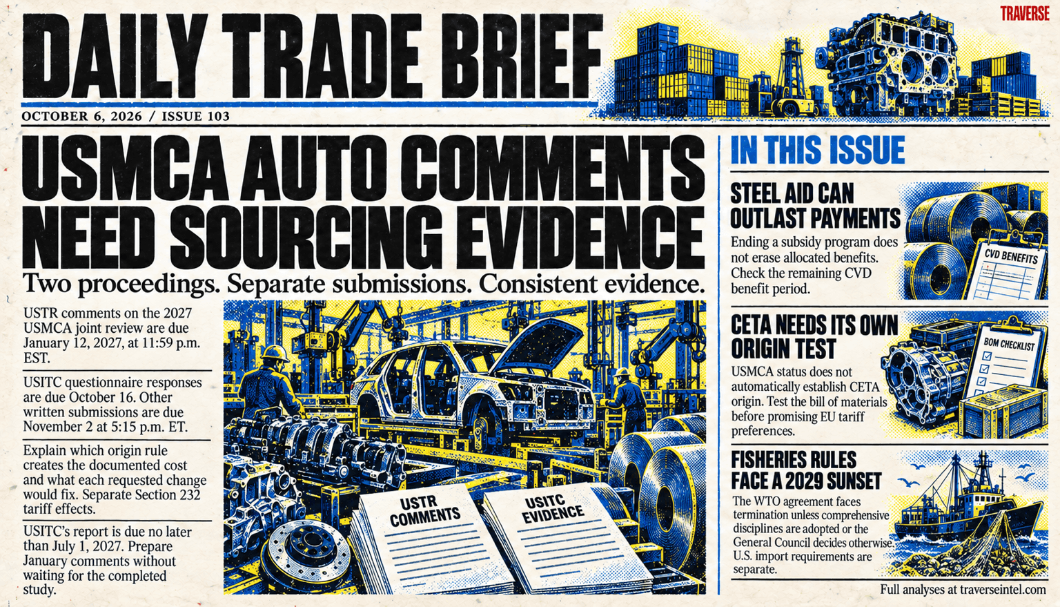 Issue 103 risograph cover: USTR auto comments and USITC evidence require separate submissions, with sourcing costs supporting requested changes. Other panels cover steel subsidy benefits after payments end, CETA's separate origin test, and the conditional 2029 WTO fisheries sunset while U.S. import requirements remain separate.