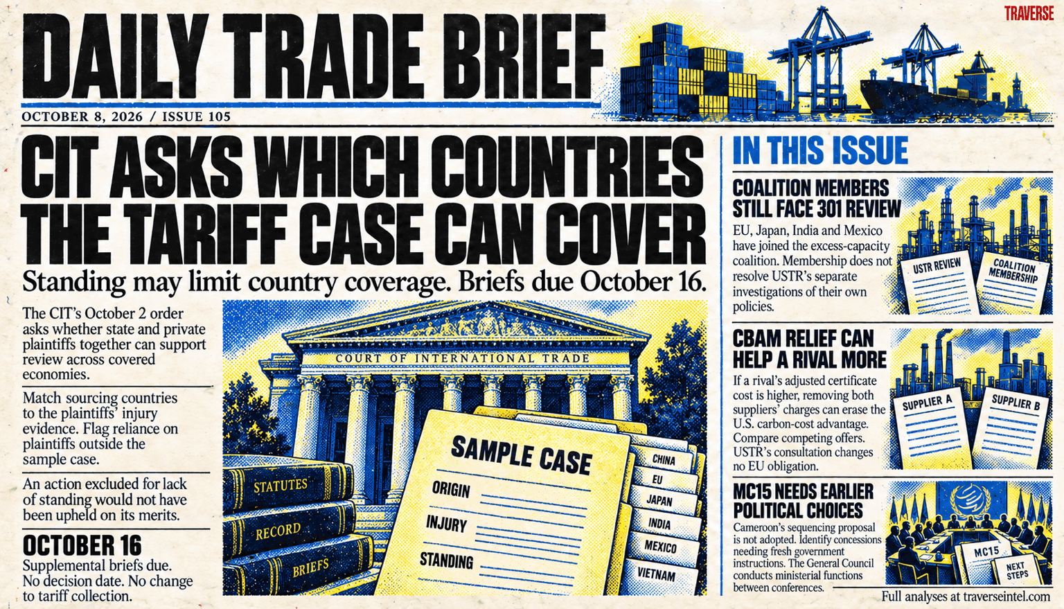 Issue 105 risograph cover: the CIT asks which countries the forced-labor tariff sample case can cover, with supplemental briefs due October 16 and no change to tariff collection. Other panels distinguish excess-capacity coalition membership from Section 301 review, compare CBAM relief across competing offers, and identify Cameroon's MC15 sequencing proposal as unadopted.