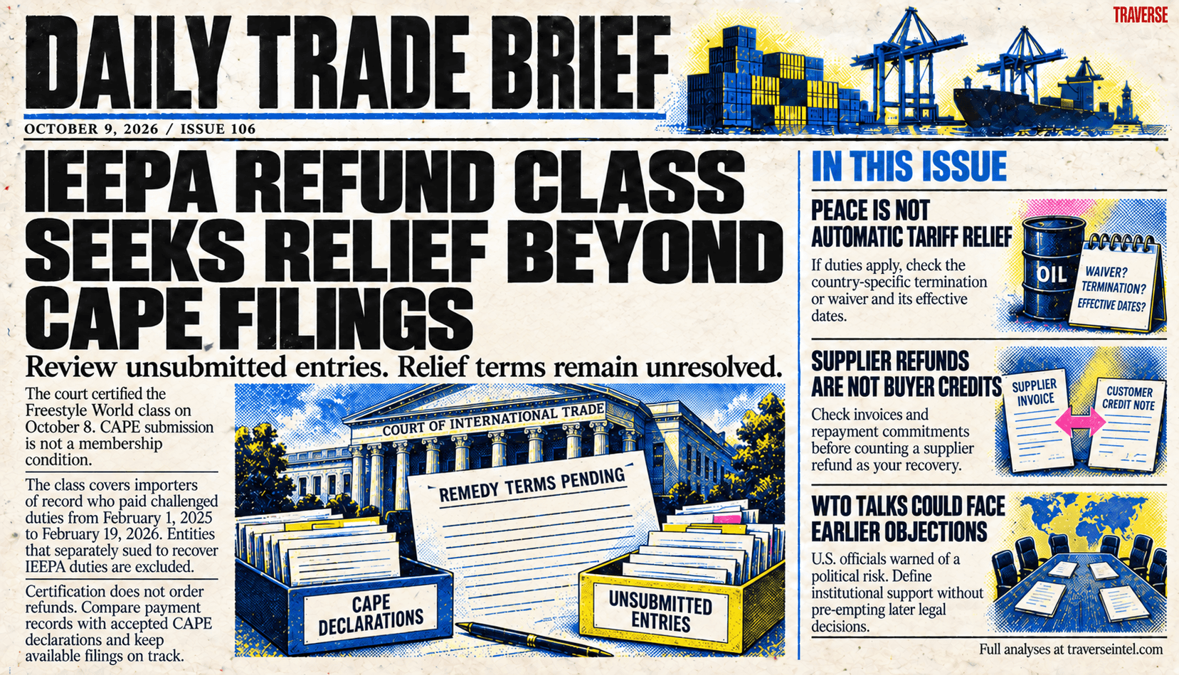 Issue 106 risograph cover: the IEEPA refund class seeks relief for entries never submitted to CAPE, while certification does not order refunds and remedy terms remain pending. Other panels distinguish a Ukraine peace deal from country-specific tariff relief, supplier refunds from buyer recovery, and possible earlier WTO objections from a new negotiation rule.