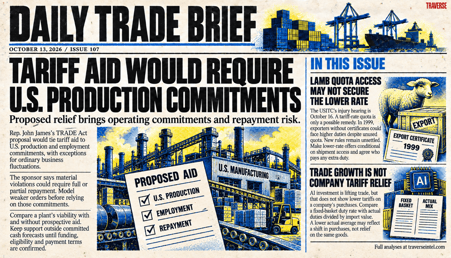 Issue 107 risograph cover: proposed tariff aid would require U.S. production and employment commitments, with possible repayment for material violations. Other panels distinguish historical lamb quota certificates from unsettled new rules and trade growth from lower tariffs on a company's existing purchases.