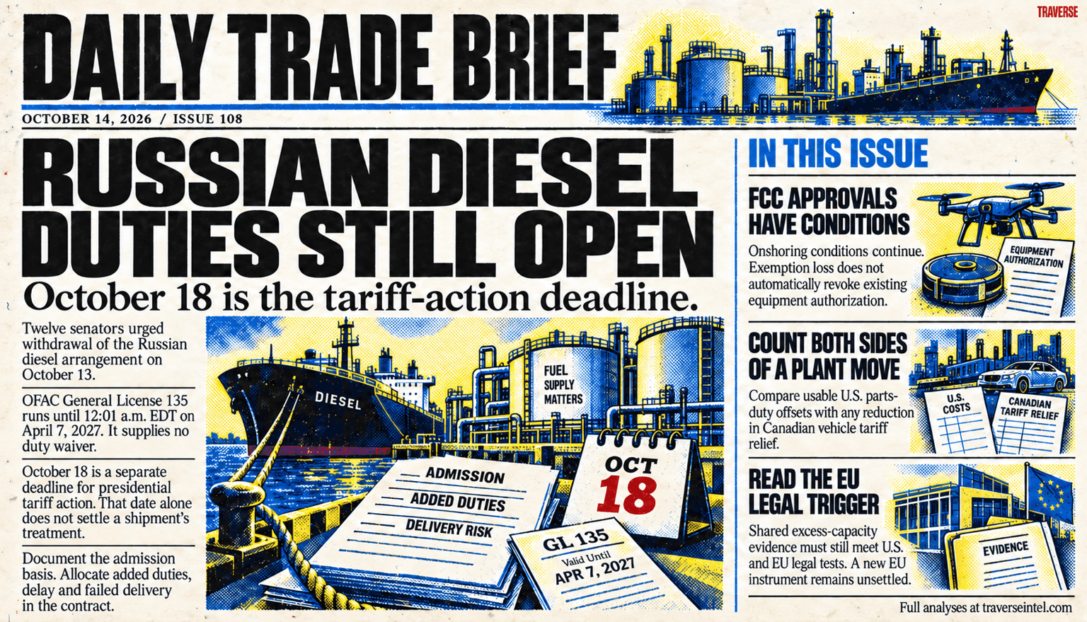 Issue 108 risograph cover: October 18 is the Russian-goods tariff-action deadline, separate from OFAC General License 135 expiring April 7, 2027 without a duty waiver. Buyers should document admission and allocate added duties and delivery risk. Other panels cover conditional FCC exemptions, usable U.S. offsets versus Canadian auto tariff relief, and separate U.S. and EU legal tests for excess-capacity action.