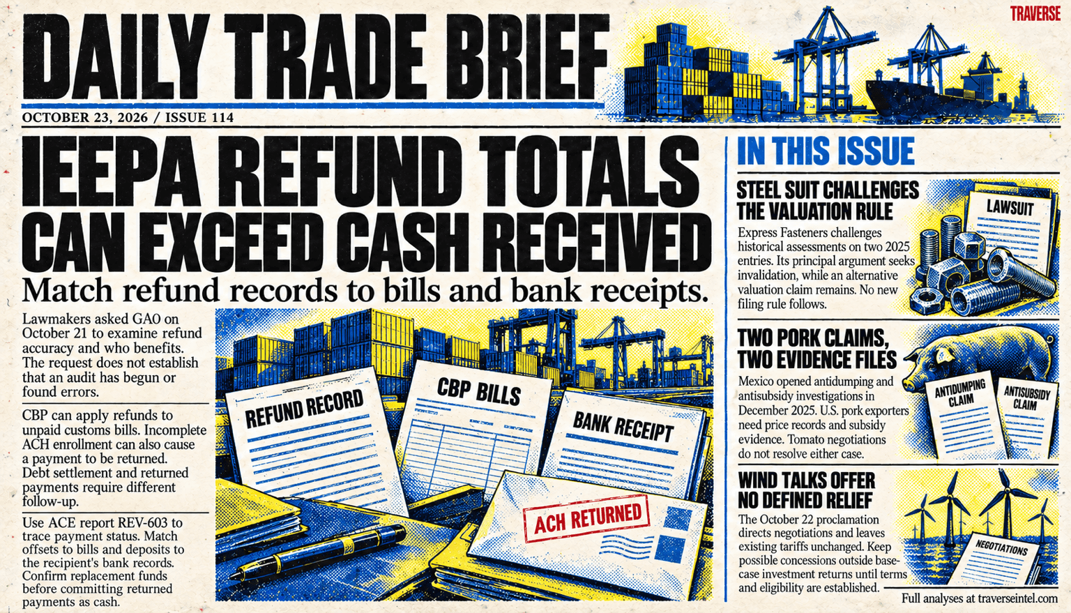 Issue 114 risograph cover: IEEPA refund totals can exceed cash received, so importers should reconcile debt offsets and returned payments with bills and bank receipts. Other panels cover Express Fasteners' historical valuation challenge, Mexico's separate pork antidumping and antisubsidy investigations, and wind tariff negotiations with no defined relief.