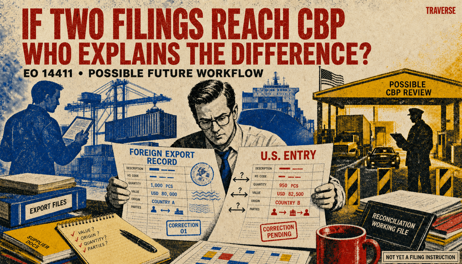 Risograph editorial illustration depicting a possible future EO 14411 workflow in which an importer may need to explain differences between a foreign export record and a U.S. entry across value, origin, quantity, parties, and corrections.