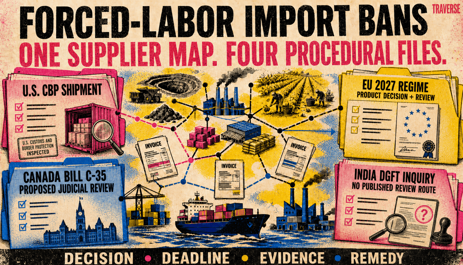 Four-ink risograph newsletter illustration showing one forced-labor supplier map feeding four procedural files: an operative U.S. CBP shipment process, the EU product-decision and review regime applying in 2027, judicial review proposed in Canada's Bill C-35, and an India DGFT inquiry with no published review route. The files separate decision, deadline, evidence, and remedy.