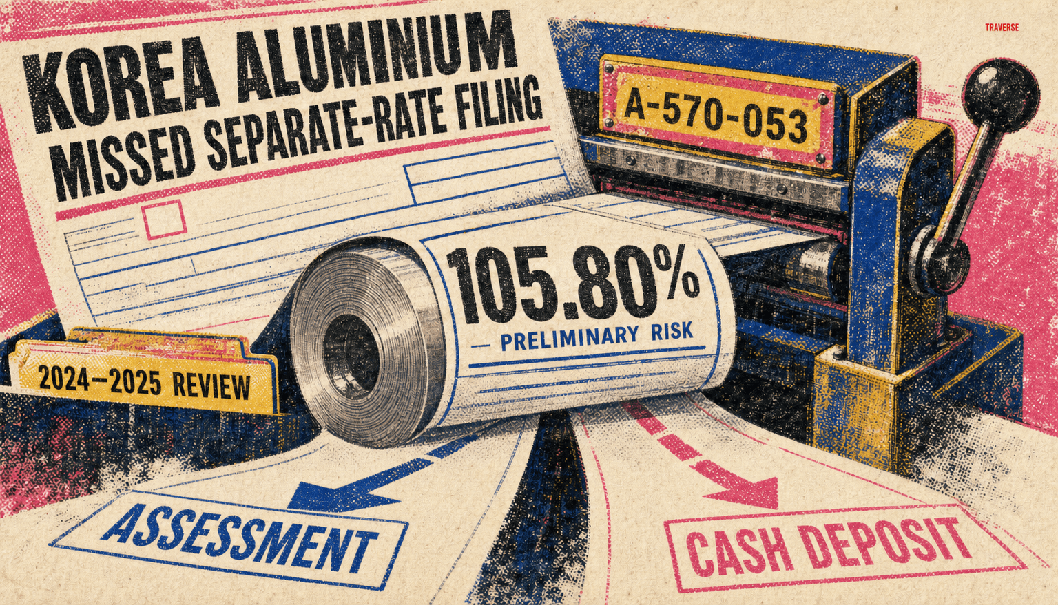 Risograph editorial illustration showing Korea Aluminium's missed 2024-2025 separate-rate filing leading to a preliminary 105.80 percent China-wide assessment risk, while assessment and cash-deposit instructions follow separate tracks in case A-570-053.