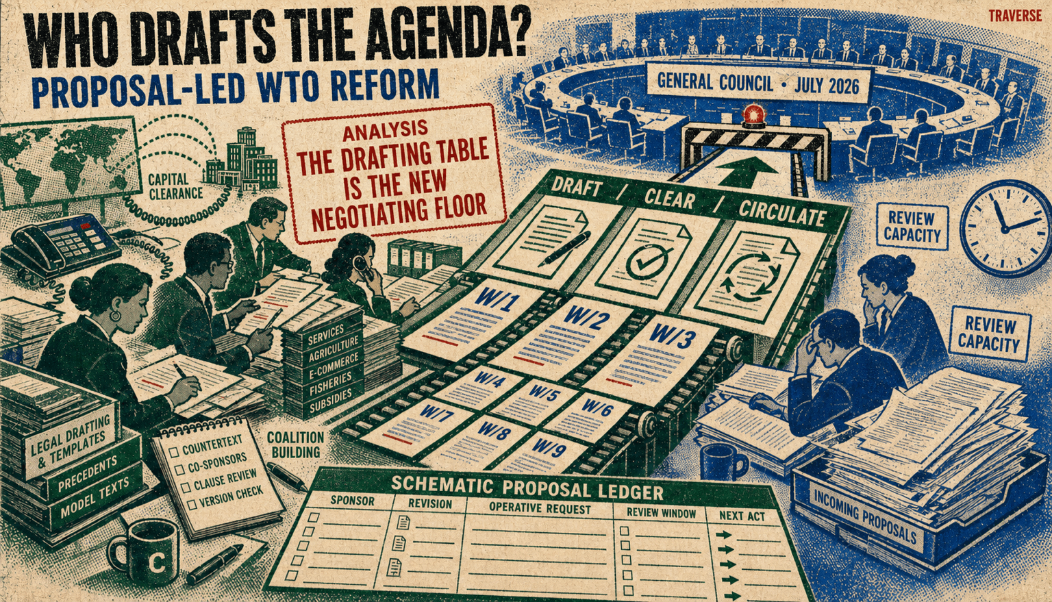 Risograph editorial illustration showing WTO reform proposals moving through drafting, capital clearance, circulation, and a nine-document docket, while a smaller delegation faces a compressed review window and a proposal ledger tracks momentum.